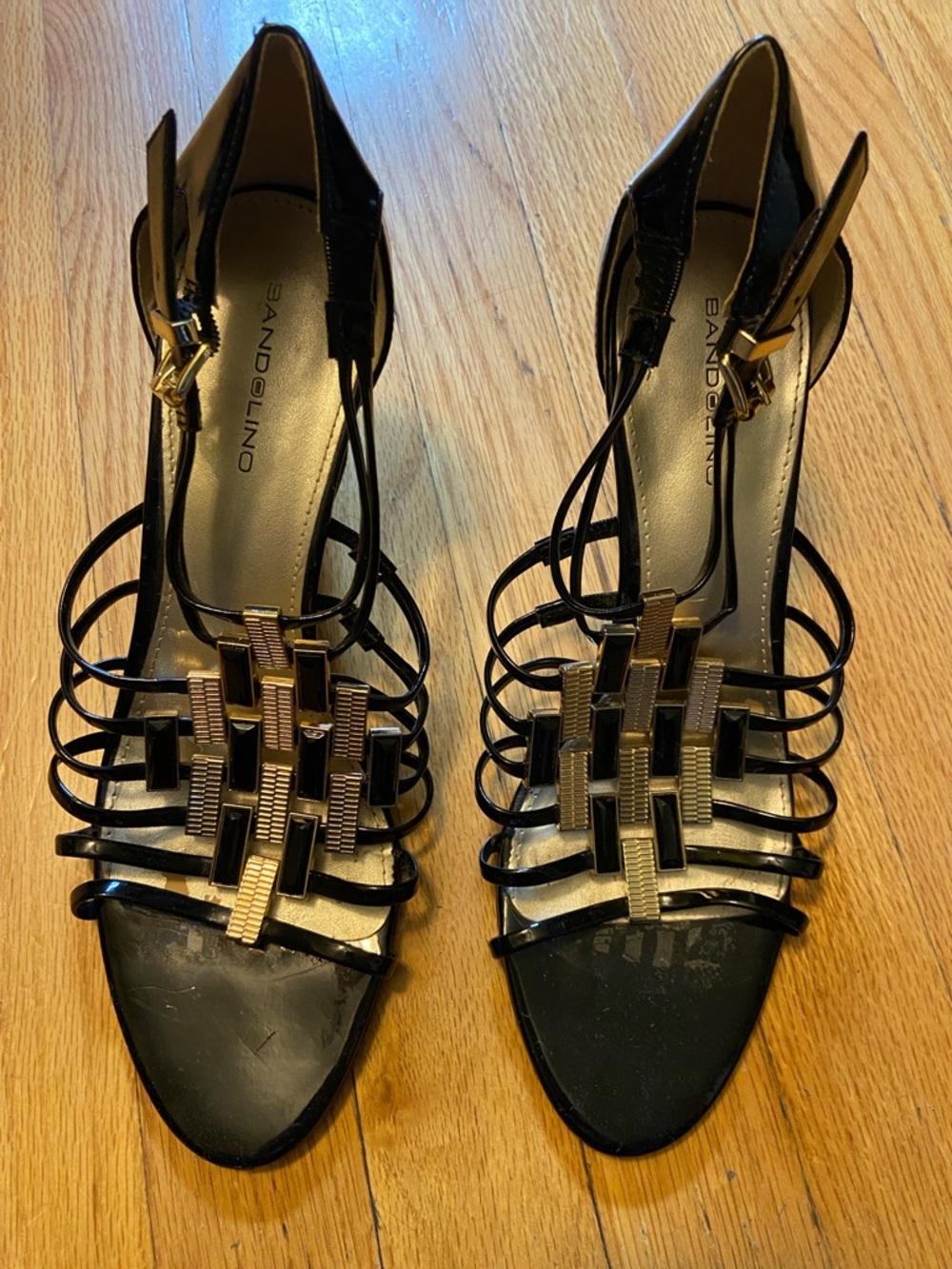 Bandolino Black Strappy Heeled Sandals with Gold Accents